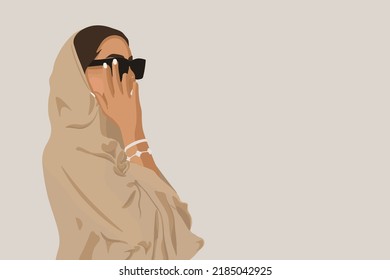 Fashion arabic muslim woman in hijab and abaya on light background with free space for text. Stylish islamic model in hijab. Illustration of a young arab emirati woman in traditional dress