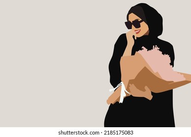 Fashion Arabic Muslim Woman In Hijab And Abaya On Background With Free Space For Text. Stylish Islamic Model In Hijab. Illustration Of A Young Arab Emirati Woman In Traditional Dress With Flowers 