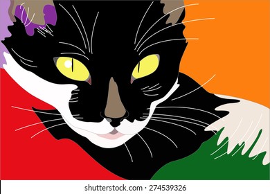 Fashion art cat, Abstract sketch of fashionable black cat, , fashion design print,