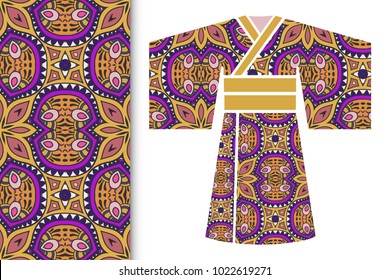 Fashion art collection, colorful illustration. Stylized Japanese kimono ethnic clothes and decorative seamless pattern for textile fabric, paper print, invitation or business card design. Isolated ele