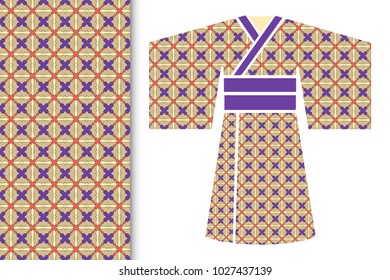 Fashion art collection, colorful illustration. Stylized Japanese kimono ethnic clothes and decorative seamless pattern for textile fabric, paper print, invitation or business card design. Isolated ele