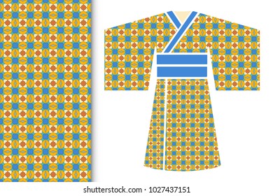 Fashion art collection, colorful illustration. Stylized Japanese kimono ethnic clothes and decorative seamless pattern for textile fabric, paper print, invitation or business card design. Isolated ele