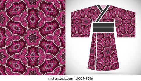 Fashion art collection, colorful illustration. Stylized Japanese kimono ethnic clothes and decorative seamless pattern for textile fabric, paper print, invitation or business card design. Isolated ele