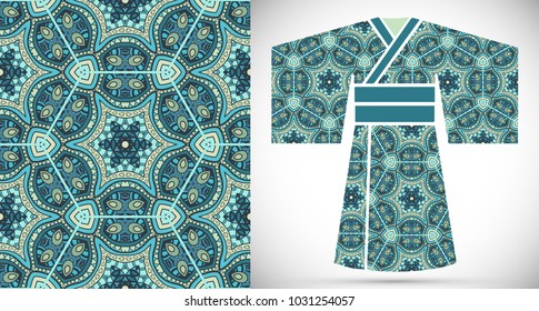 Fashion art collection, colorful illustration. Stylized Japanese kimono ethnic clothes and decorative seamless pattern for textile fabric, paper print, invitation or business card design. Isolated ele