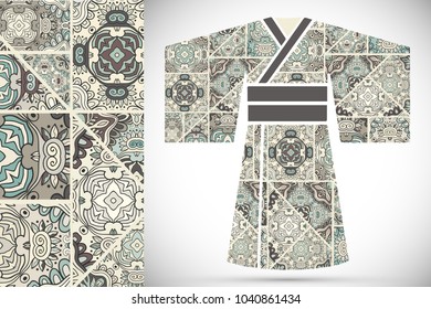 Fashion art collection, colorful illustration. Stylized Japanese kimono ethnic clothes and patchwork quilt pattern for textile fabric, paper print, invitation or business card design. Isolated ele