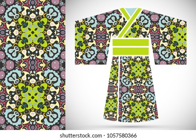 Fashion art collection, colorful illustration. Stylized Japanese kimono ethnic clothes and decorative seamless pattern for textile fabric, paper print, invitation or business card design. Isolated ele