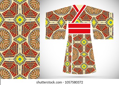 Fashion art collection, colorful illustration. Stylized Japanese kimono ethnic clothes and decorative seamless pattern for textile fabric, paper print, invitation or business card design. Isolated ele