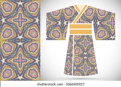 Fashion art collection, colorful illustration. Stylized Japanese kimono ethnic clothes and decorative seamless pattern for textile fabric, paper print, invitation or business card design. Isolated ele