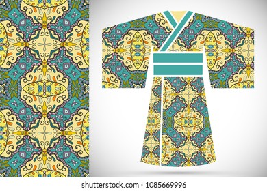 Fashion art collection, colorful illustration. Stylized Japanese kimono ethnic clothes and decorative seamless pattern for textile fabric, paper print, invitation or business card design. Isolated ele