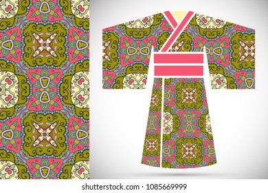 Fashion art collection, colorful illustration. Stylized Japanese kimono ethnic clothes and decorative seamless pattern for textile fabric, paper print, invitation or business card design. Isolated ele