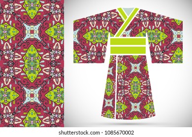 Fashion art collection, colorful illustration. Stylized Japanese kimono ethnic clothes and decorative seamless pattern for textile fabric, paper print, invitation or business card design. Isolated ele