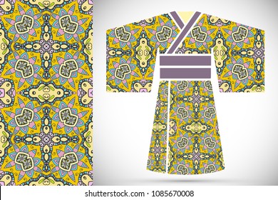 Fashion art collection, colorful illustration. Stylized Japanese kimono ethnic clothes and decorative seamless pattern for textile fabric, paper print, invitation or business card design. Isolated ele