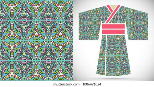 Fashion art collection, colorful illustration. Stylized Japanese kimono ethnic clothes and patchwork seamless pattern for textile fabric, paper print, invitation or business card design. Isolated ele