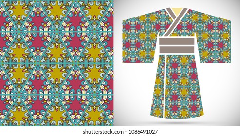 Fashion art collection, colorful illustration. Stylized Japanese kimono ethnic clothes and patchwork seamless pattern for textile fabric, paper print, invitation or business card design. Isolated ele