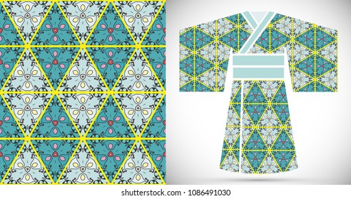 Fashion art collection, colorful illustration. Stylized Japanese kimono ethnic clothes and patchwork seamless pattern for textile fabric, paper print, invitation or business card design. Isolated ele