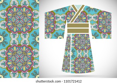 Fashion art collection, colorful illustration. Stylized Japanese kimono ethnic clothes and decorative seamless pattern for textile fabric, paper print, invitation or business card design. Isolated ele