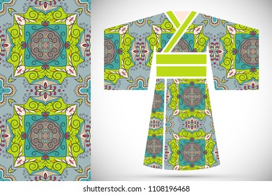 Fashion art collection, colorful illustration. Stylized Japanese kimono ethnic clothes and decorative seamless pattern for textile fabric, paper print, invitation or business card design. Isolated ele