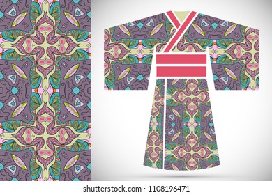 Fashion art collection, colorful illustration. Stylized Japanese kimono ethnic clothes and decorative seamless pattern for textile fabric, paper print, invitation or business card design. Isolated ele