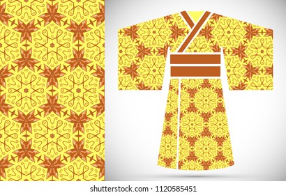 Fashion art collection, colorful illustration. Stylized Japanese kimono ethnic clothes and decorative seamless pattern for textile fabric, paper print, invitation or business card design. Isolated ele