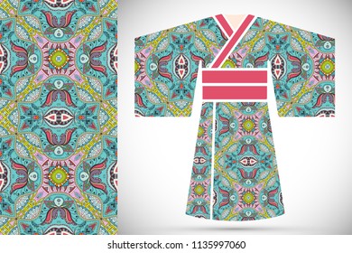 Fashion art collection, colorful illustration. Stylized Japanese kimono ethnic clothes and decorative seamless pattern for textile fabric, paper print, invitation or business card design. Isolated ele