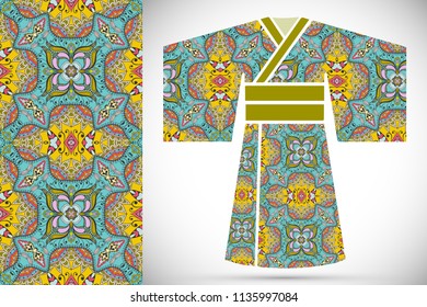 Fashion art collection, colorful illustration. Stylized Japanese kimono ethnic clothes and decorative seamless pattern for textile fabric, paper print, invitation or business card design. Isolated ele