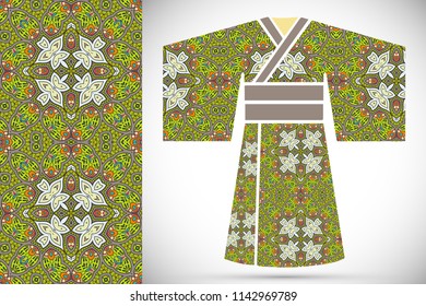 Fashion art collection, colorful illustration. Stylized Japanese kimono ethnic clothes and decorative seamless pattern for textile fabric, paper print, invitation or business card design. Isolated ele