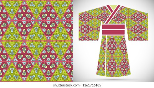 Fashion art collection, colorful illustration. Stylized Japanese kimono ethnic clothes and decorative seamless pattern for textile fabric, paper print, invitation or business card design. Isolated ele