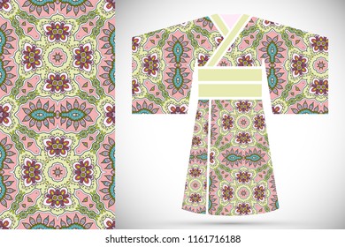 Fashion art collection, colorful illustration. Stylized Japanese kimono ethnic clothes and decorative seamless pattern for textile fabric, paper print, invitation or business card design. Isolated ele