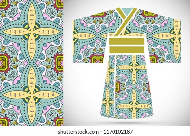 Fashion art collection, colorful illustration. Stylized Japanese kimono ethnic clothes and decorative seamless pattern for textile fabric, paper print, invitation or business card design. Isolated ele