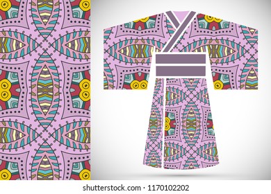 Fashion art collection, colorful illustration. Stylized Japanese kimono ethnic clothes and decorative seamless pattern for textile fabric, paper print, invitation or business card design. Isolated ele