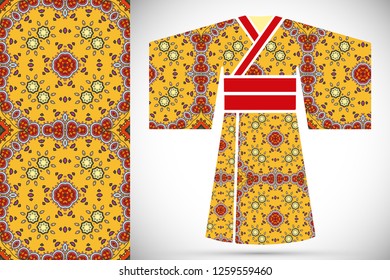 Fashion art collection, colorful illustration. Stylized Japanese kimono ethnic clothes and decorative seamless pattern for textile fabric, paper print, invitation or business card design. Isolated ele