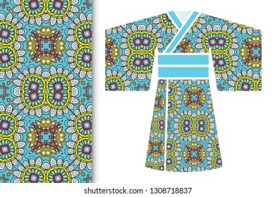 Fashion art collection, colorful illustration. Stylized Japanese kimono ethnic clothes and decorative seamless pattern for textile fabric, paper print, invitation or business card design. Isolated ele