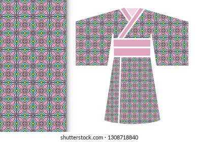 Fashion art collection, colorful illustration. Stylized Japanese kimono ethnic clothes and decorative seamless pattern for textile fabric, paper print, invitation or business card design. Isolated ele