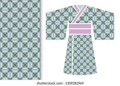 Fashion art collection, colorful illustration. Stylized Japanese kimono ethnic clothes and decorative seamless pattern for textile fabric, paper print, invitation or business card design. Isolated ele