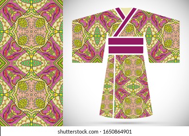 Fashion art collection, colorful illustration. Stylized Japanese kimono ethnic clothes and decorative seamless pattern for textile fabric, paper print, invitation or business card design. Isolated ele