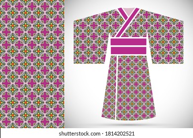 Fashion art collection, colorful illustration. Stylized Japanese kimono ethnic clothes and decorative seamless pattern for textile fabric, paper print, invitation or business card design. Isolated ele