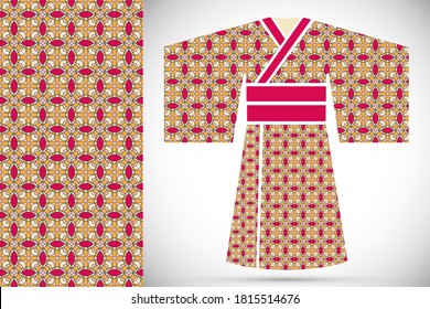 Fashion art collection, colorful illustration. Stylized Japanese kimono ethnic clothes and decorative seamless pattern for textile fabric, paper print, invitation or business card design. Isolated ele