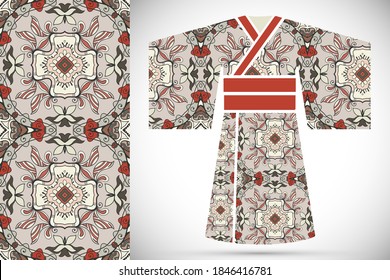 Fashion art collection, colorful illustration. Stylized Japanese kimono ethnic clothes and decorative seamless pattern for textile fabric, paper print, invitation or business card design. Isolated ele