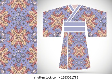 Fashion art collection, colorful illustration. Stylized Japanese kimono ethnic clothes and decorative seamless pattern for textile fabric, paper print, invitation or business card design. Isolated ele