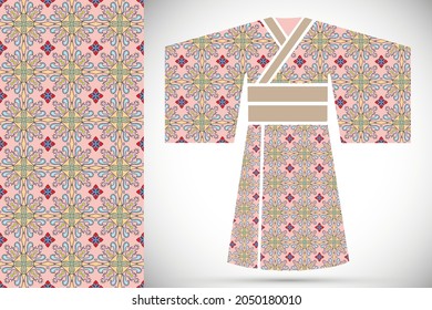 Fashion art collection, colorful illustration. Stylized Japanese kimono ethnic clothes and decorative seamless pattern for textile fabric, paper print, invitation or business card design. Isolated ele