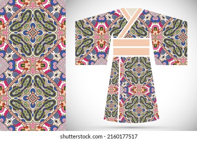 Fashion art collection, colorful illustration. Stylized Japanese kimono ethnic clothes and decorative seamless pattern for textile fabric, paper print, invitation or business card design. Isolated ele