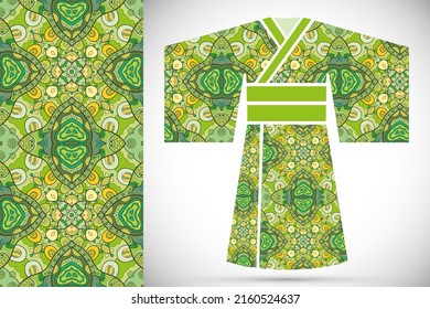 Fashion art collection, colorful illustration. Stylized Japanese kimono ethnic clothes and decorative seamless pattern for textile fabric, paper print, invitation or business card design. Isolated ele