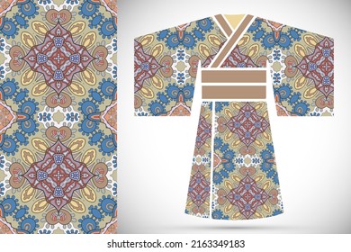 Fashion art collection, colorful illustration. Stylized Japanese kimono ethnic clothes and decorative seamless pattern for textile fabric, paper print, invitation or business card design.