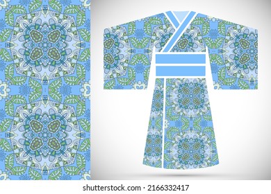 Fashion art collection, colorful illustration. Stylized Japanese kimono ethnic clothes and decorative seamless pattern for textile fabric, paper print, invitation or business card design. Isolated ele