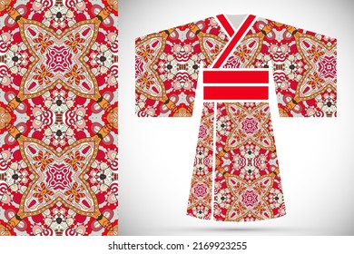 Fashion art collection, colorful illustration. Stylized Japanese kimono ethnic clothes and decorative seamless pattern for textile fabric, paper print, invitation or business card design. Isolated ele