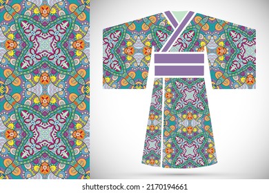 Fashion art collection, colorful illustration. Stylized Japanese kimono ethnic clothes and ornate seamless pattern for textile fabric, paper print, invitation or business card design. Isolated element