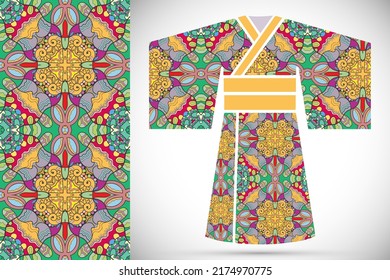 Fashion art collection, colorful illustration. Stylized Japanese kimono ethnic clothes and decorative seamless pattern for textile fabric, paper print, invitation or business card design. Isolated 
