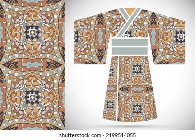 Fashion art collection, colorful illustration. Stylized Japanese kimono ethnic clothes and decorative seamless pattern for textile fabric, paper print, invitation or business card design. Isolated 