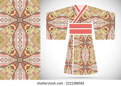 Fashion art collection, colorful illustration. Stylized Japanese kimono ethnic clothes and decorative seamless pattern for textile fabric, paper print, invitation or business card design. Isolated