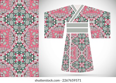 Fashion art collection, colorful illustration. Stylized Japanese kimono ethnic clothes and seamless pattern for textile fabric, paper print, invitation or business card design. Isolated elements